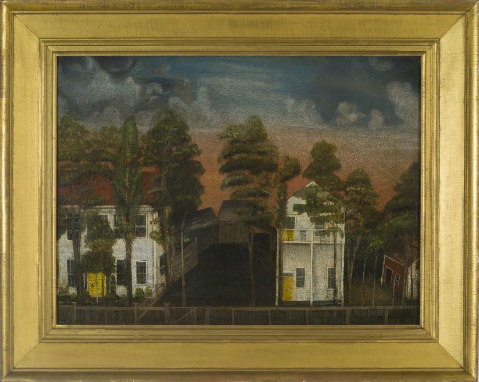 landscape painting in a gold framedepicting the home and shop of chair maker G. Bradley of Fairfield, Connecticut