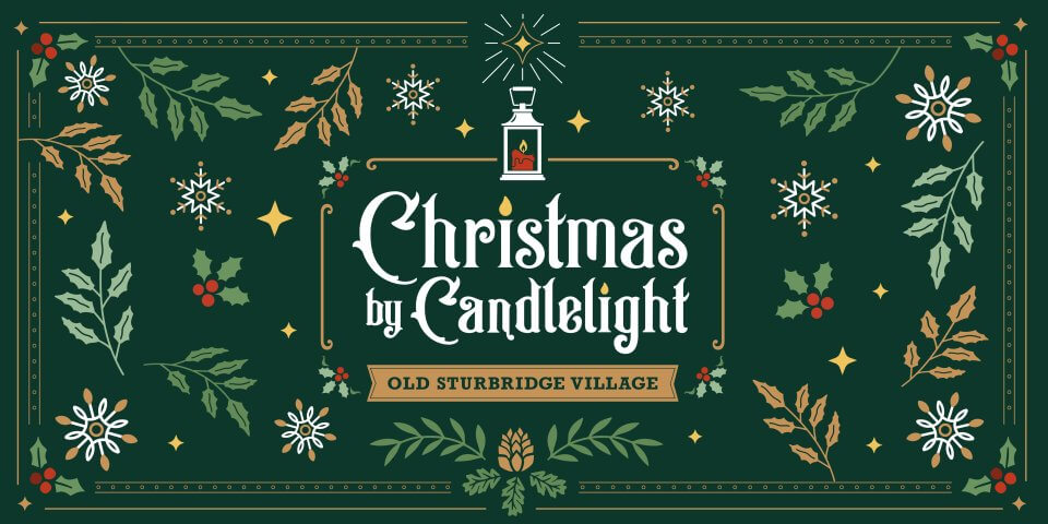 Christmas by Candlelight logo surrounded by snowflakes, holly, and leaves