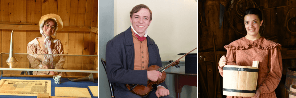 Three portraits of young adults wearing 1830s costumes.