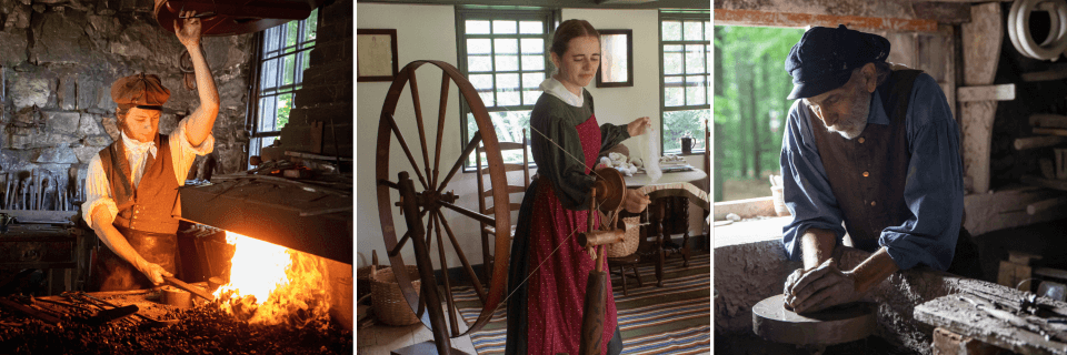 Photos depicting demonstrations of blacksmithing, spinning yarn, and pottery