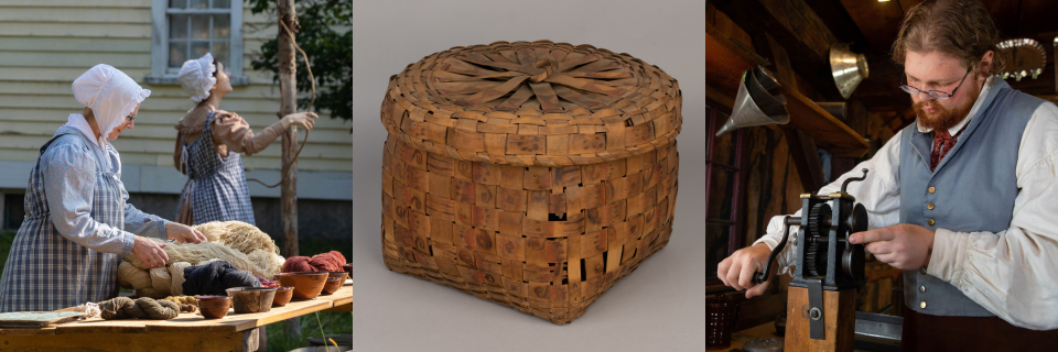 Three photos: Two people dying yarn, a handmade basket, and a person working in the Tin Shop